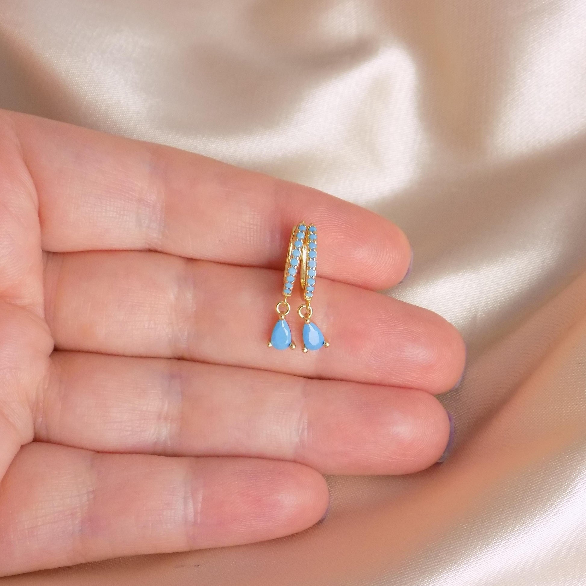 Tiny Turquoise Gold Hoops, Teardrop Crystal Hoop Earrings, Gift For Her, M7-422