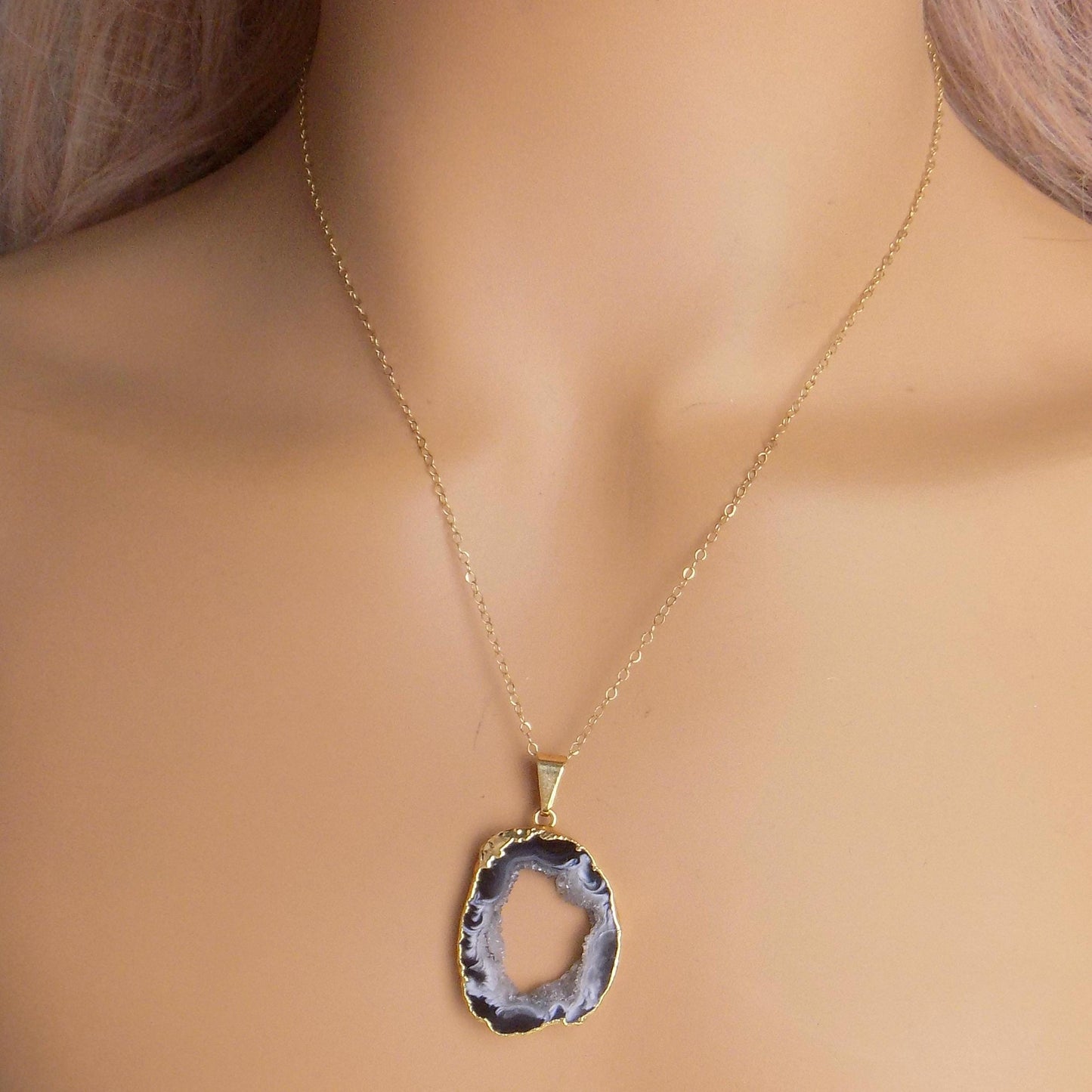 Large Statement Necklace, Gray Geode Necklace, Gold Druzy Pendant Necklace For Women, G15-155