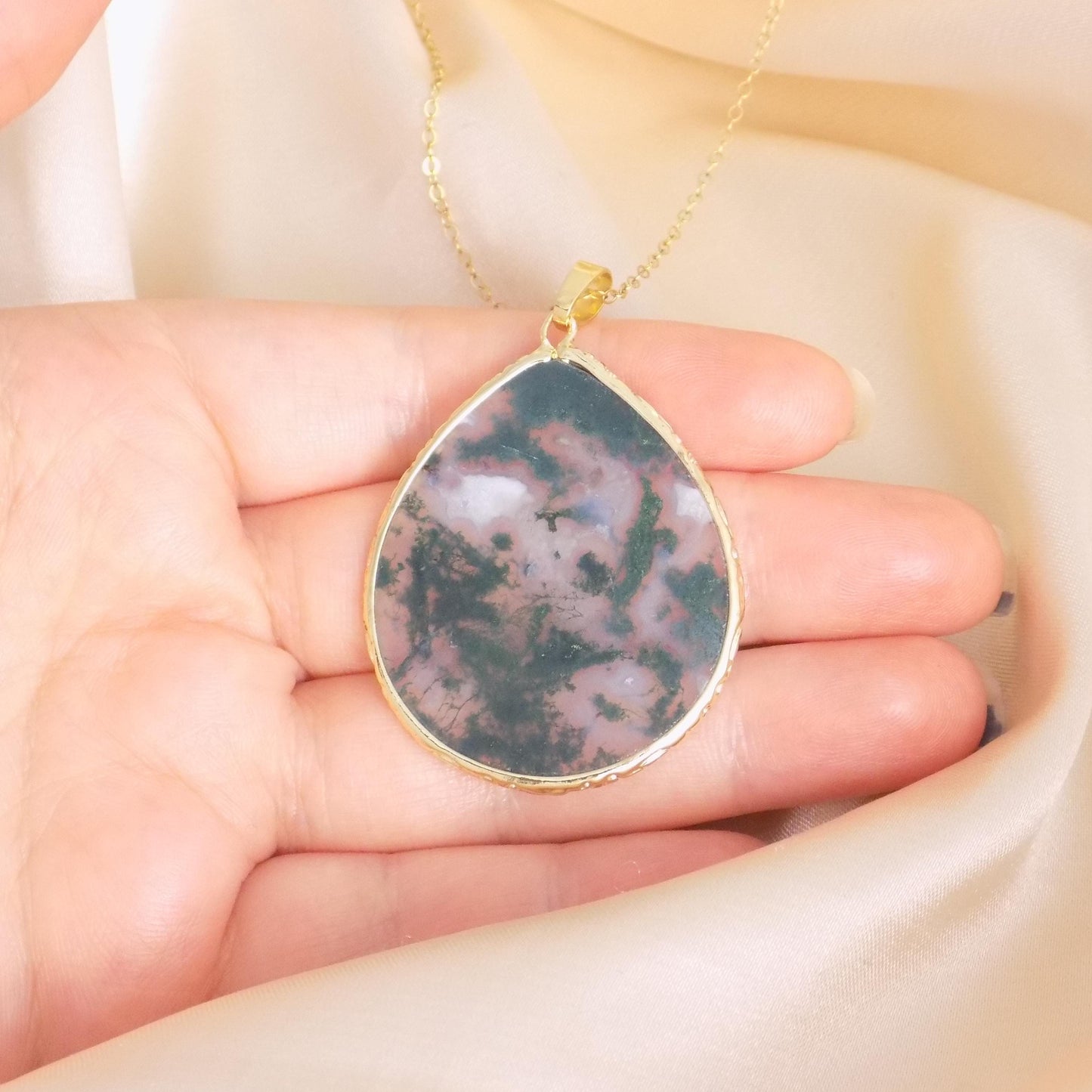 Moss Agate Necklace Gold, Large Green Crystal Pendant, Unique Gifts For Her, M7-443