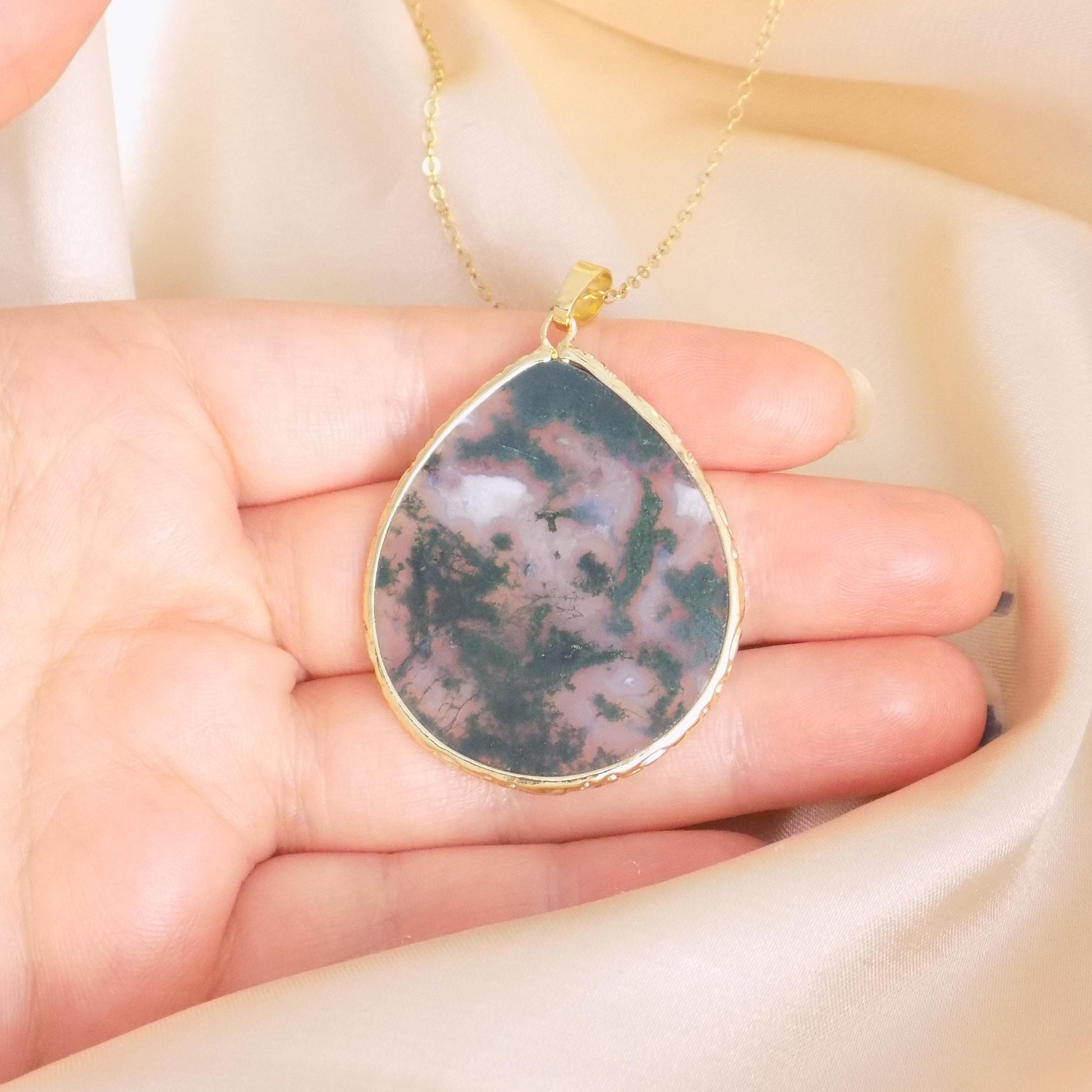 Moss Agate Necklace Gold, Large Green Crystal Pendant, Unique Gifts For Her, M7-443