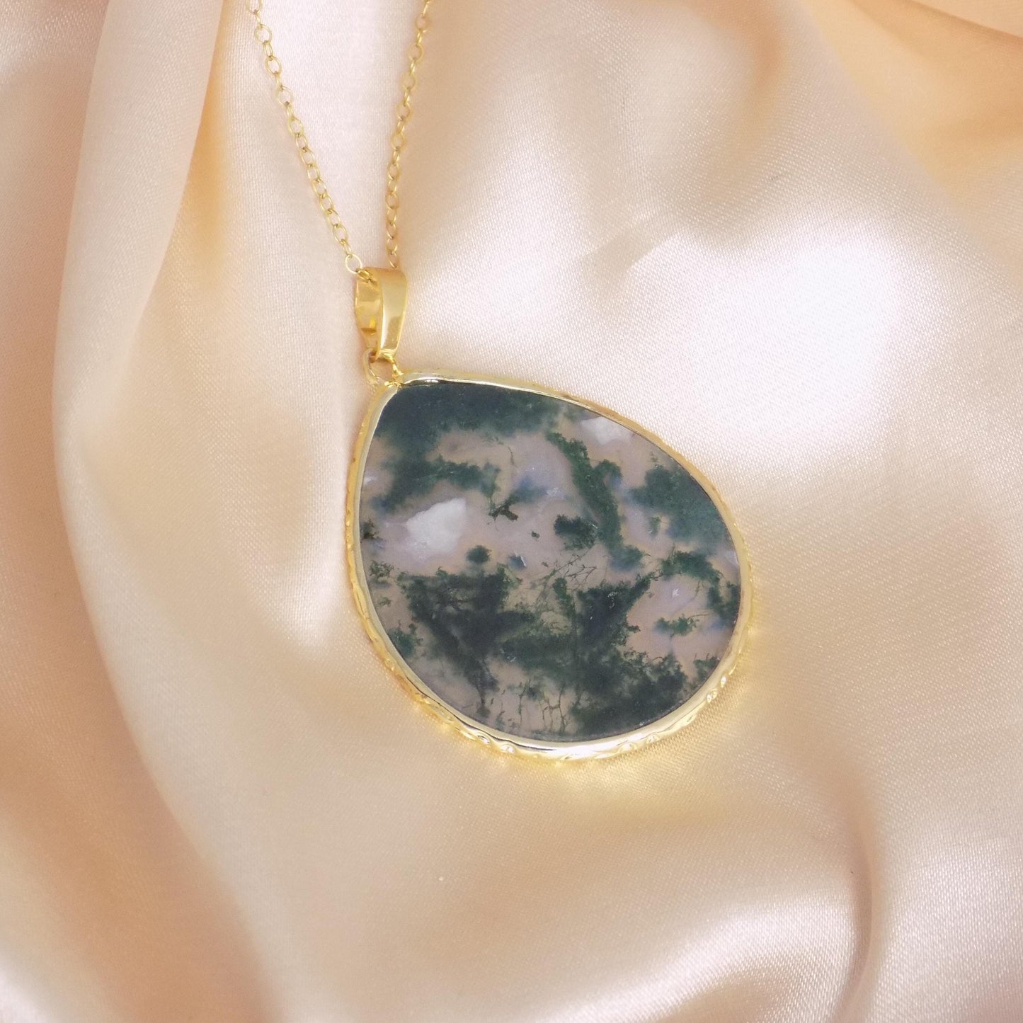 Moss Agate Necklace Gold, Large Green Crystal Pendant, Unique Gifts For Her, M7-443