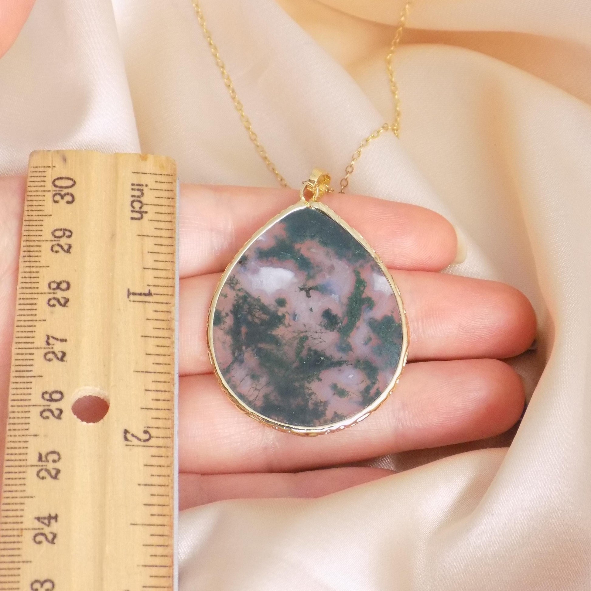 Moss Agate Necklace Gold, Large Green Crystal Pendant, Unique Gifts For Her, M7-443