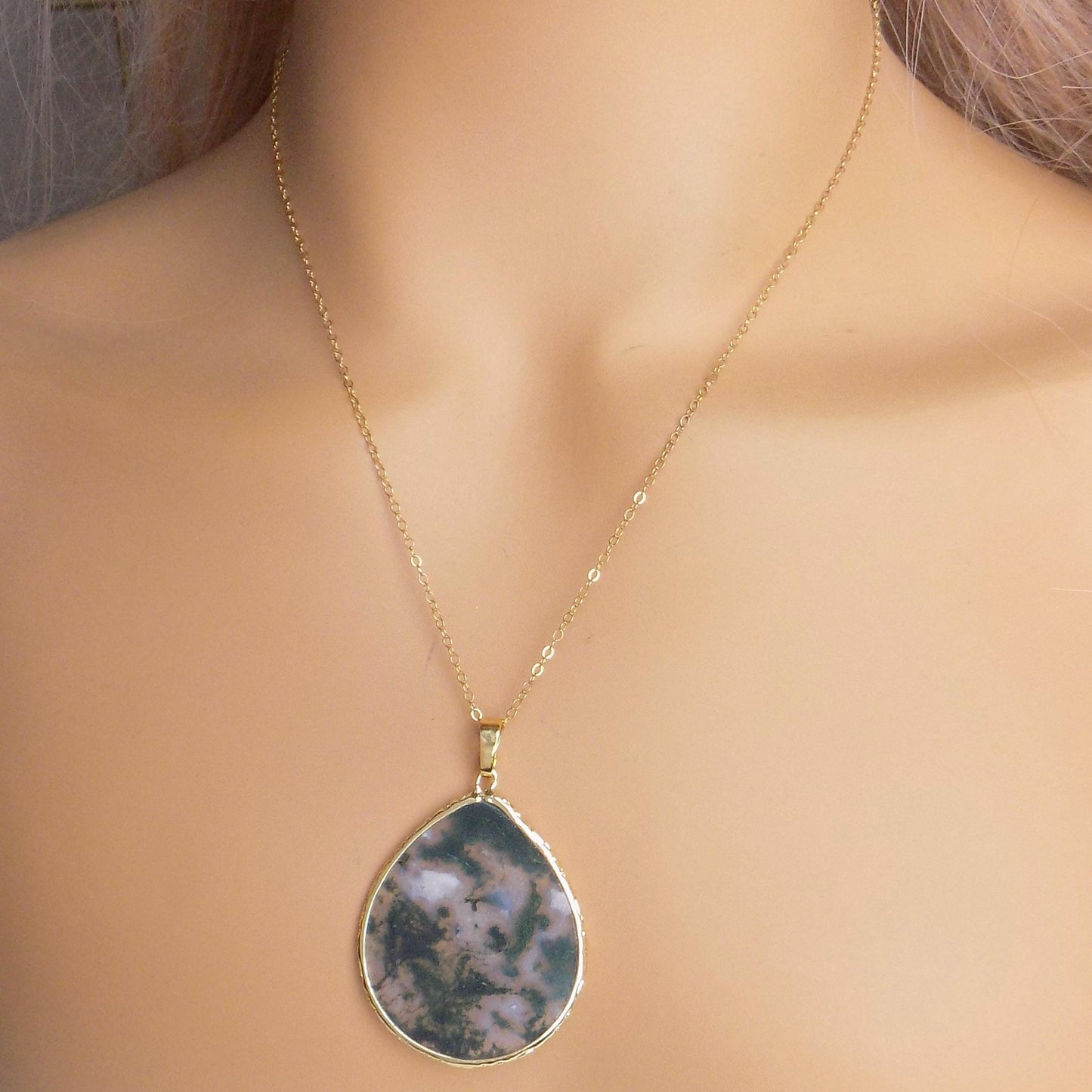 Moss Agate Necklace Gold, Large Green Crystal Pendant, Unique Gifts For Her, M7-443