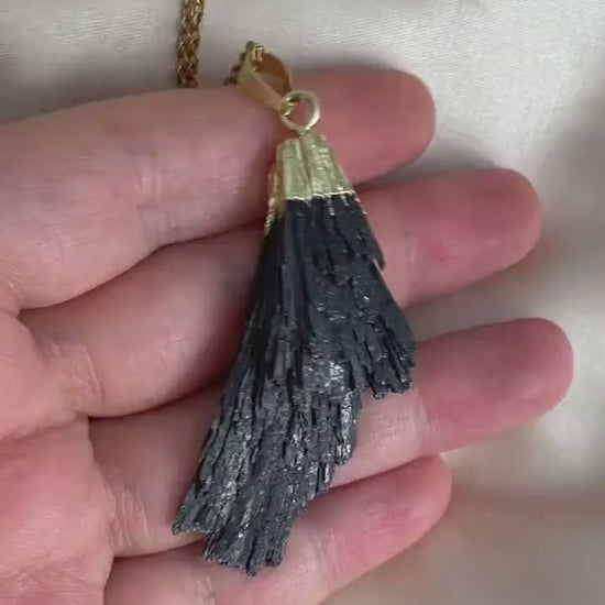Raw Black Kyanite Pendant Necklace Gold Layer, Rustic Boho Jewelry, M7-18