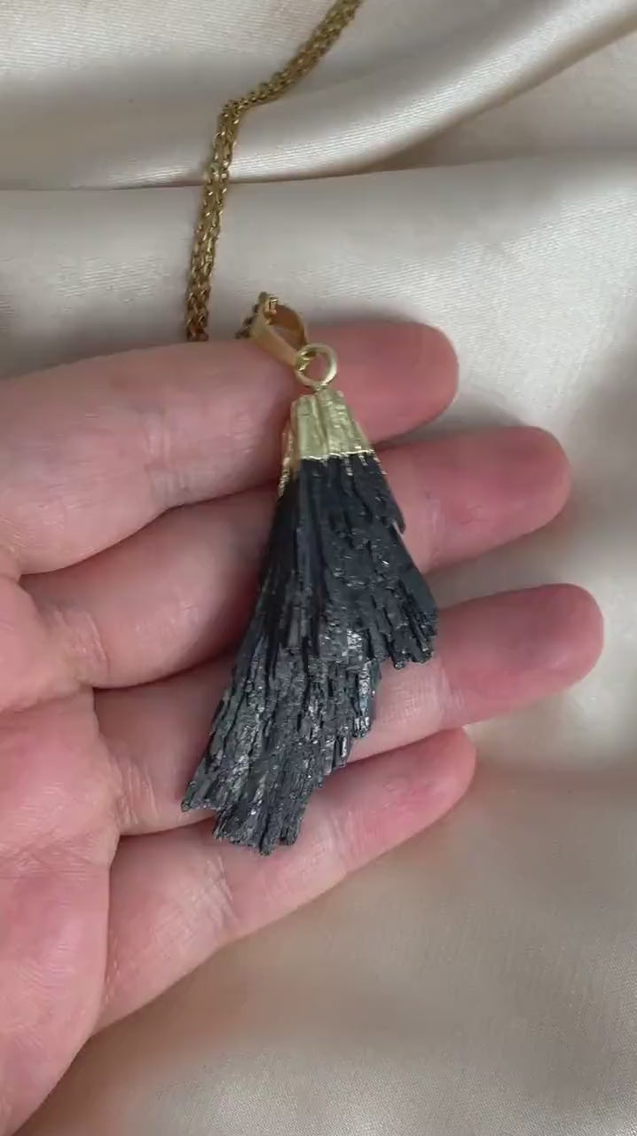 Raw Black Kyanite Pendant Necklace Gold Layer, Rustic Boho Jewelry, M7-18