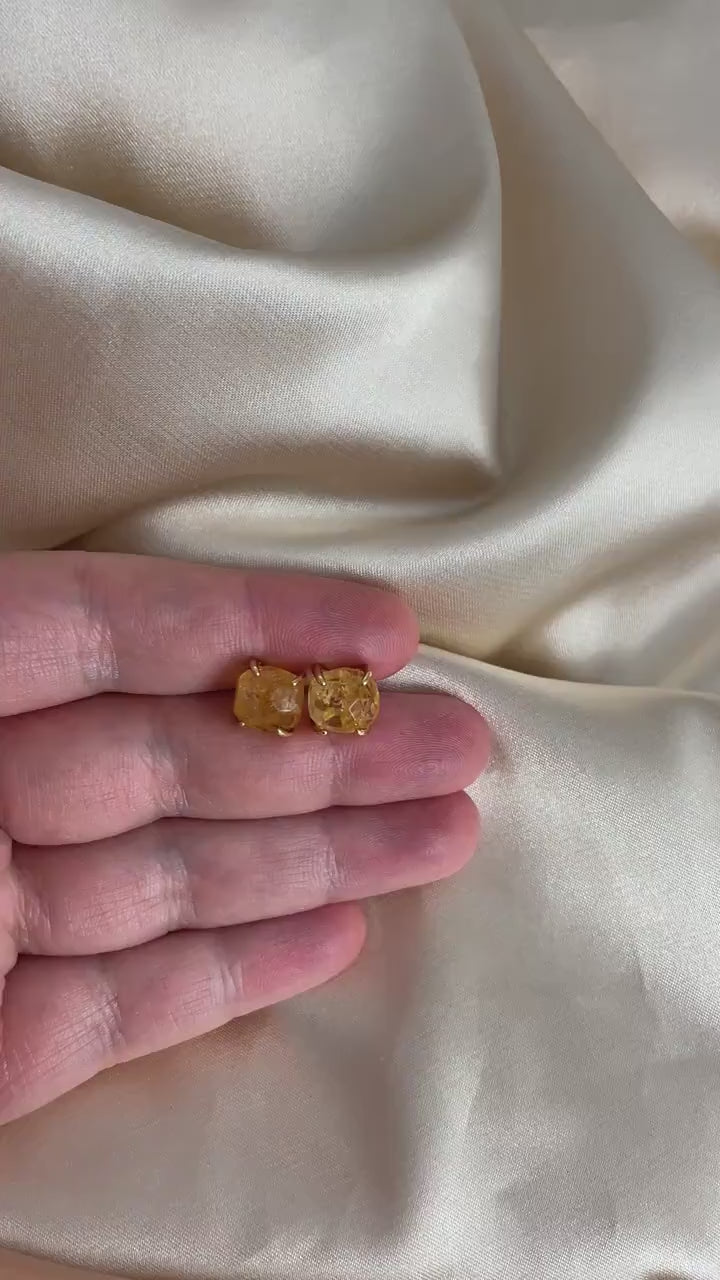 Raw Citrine Crystal Earrings Studs Gold, Yellow Brown Gemstone, Gifts for Mom, M6-768