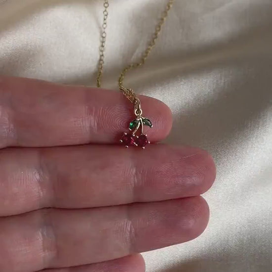 Tiny Cherry Necklace Gold, Small Zircon Red Cherry Charm Necklace, Dainty Gold Layer, 14K Gold Filled Chain, Gifts For Her, M6-32