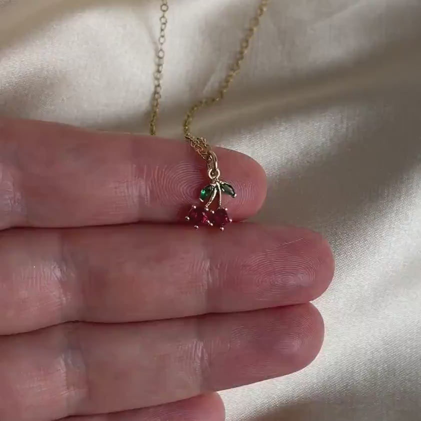 Tiny Cherry Necklace Gold, Small Zircon Red Cherry Charm Necklace, Dainty Gold Layer, 14K Gold Filled Chain, Gifts For Her, M6-32