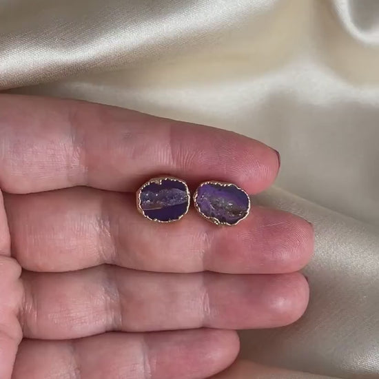 Unique Crystal Stud Earrings, Purple Geode Earrings, Bridesmaid Gifts, Gift For Wife, G15-48