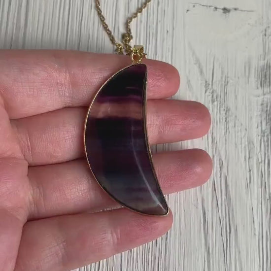 Multicolor Fluorite Necklace Gold, Large Crescent Moon Necklace Boho Layer, Gift Women, M7-57