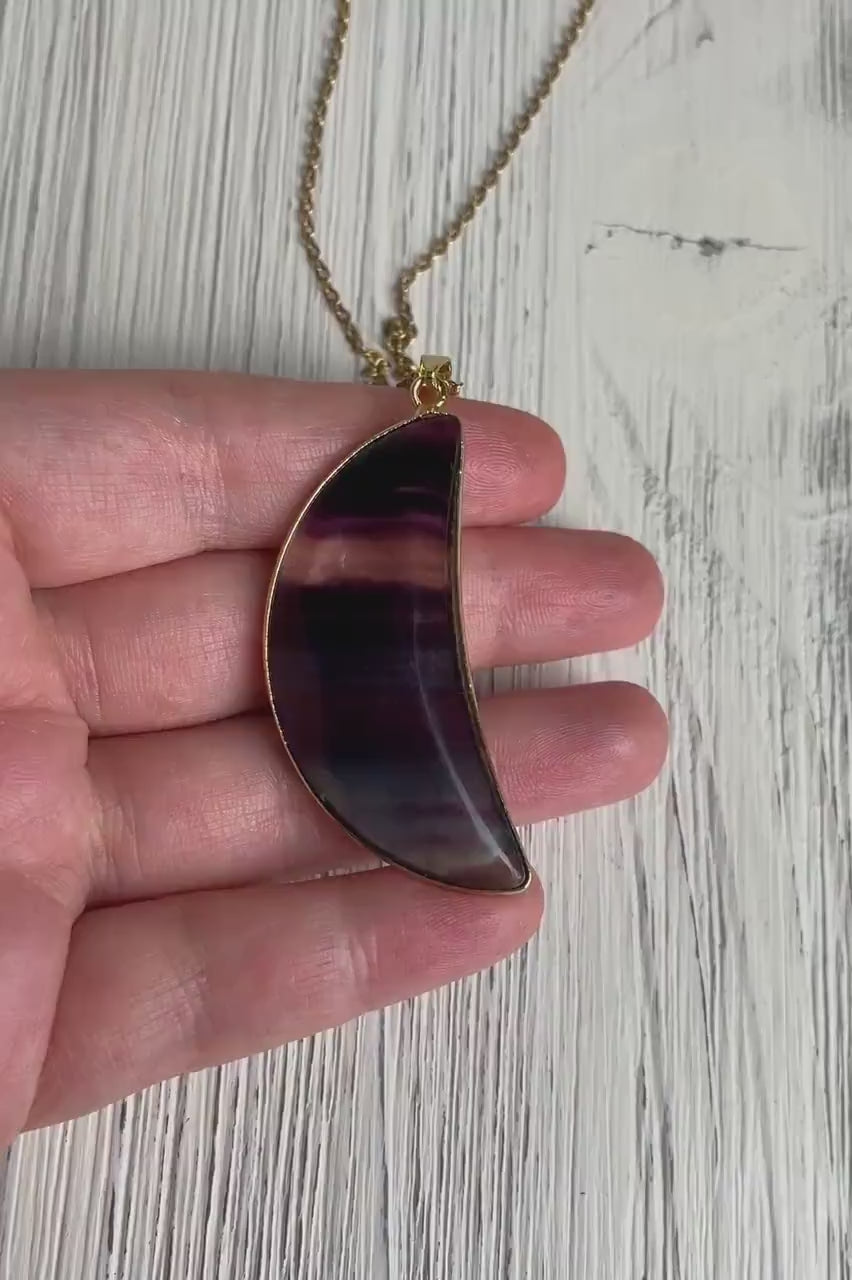 Multicolor Fluorite Necklace Gold, Large Crescent Moon Necklace Boho Layer, Gift Women, M7-57