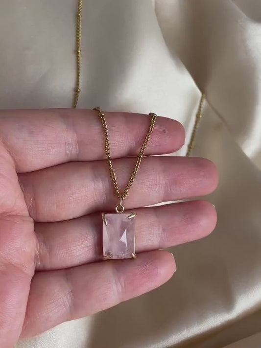 Square Rose Quartz Pendant on Satellite Chain 18K Gold Plated - Stunning Gemstone Jewelry
