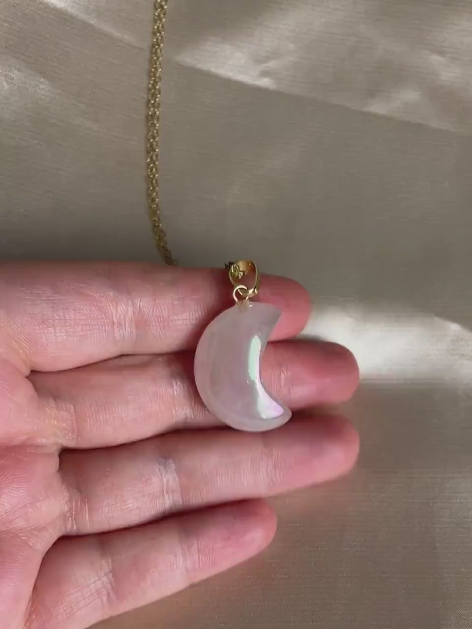 Rose Quartz Moon Pendant, Iridescent Aura Crystal Pendant, Gift Women, M7-24