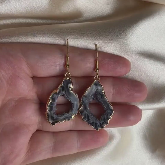 Geode Earrings, Natural Geode Earrings, Druzy Earrings, Gray Gemstone Earrings, Dangle Clip-on, Gift For Her, G15