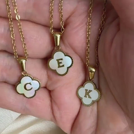 Gold Initial Flower Charm Necklace Mother of Pearl Stone - Personalized Christmas Gifts For Women