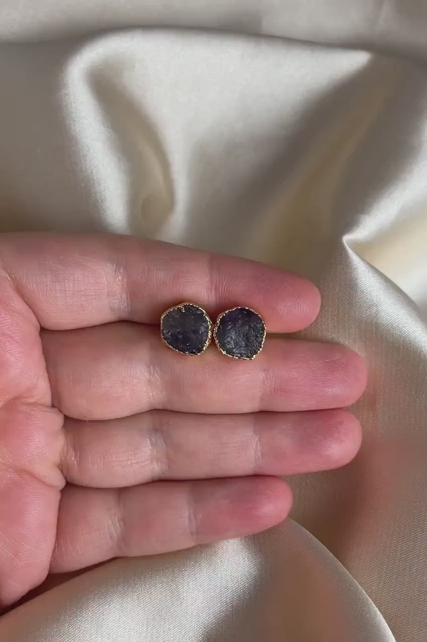 Raw Purple Fluorite Stud Earrings, Rough Crystal Earrings Gold, Boho Gemstone, Gift Women, M6-776