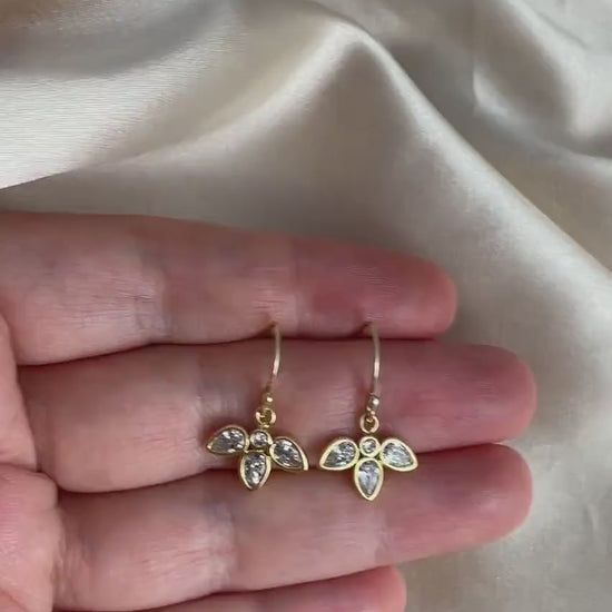 Gold Flower Earrings, Cubic Zirconia Drop Earrings, Gift Women, M6-788