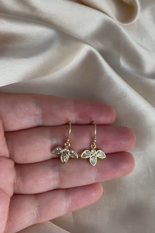 Gold Flower Earrings, Cubic Zirconia Drop Earrings, Gift Women, M6-788