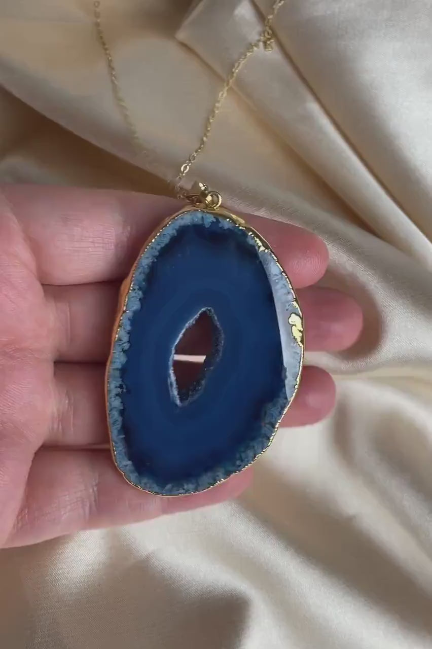 Blue Agate Slice Gemstone Necklace Gold, Boho Long Layer, Gift For Mom, G11-749