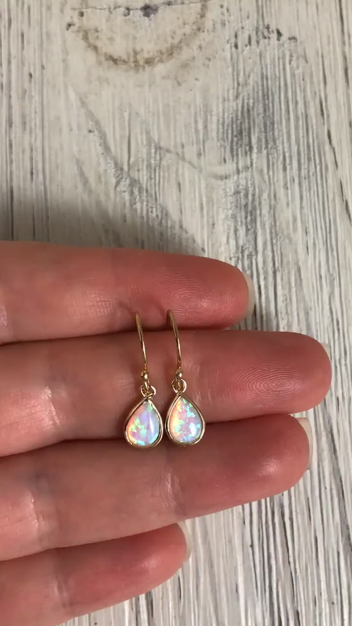 Gold Opal Earrings - Tiny Drop Opal Earring