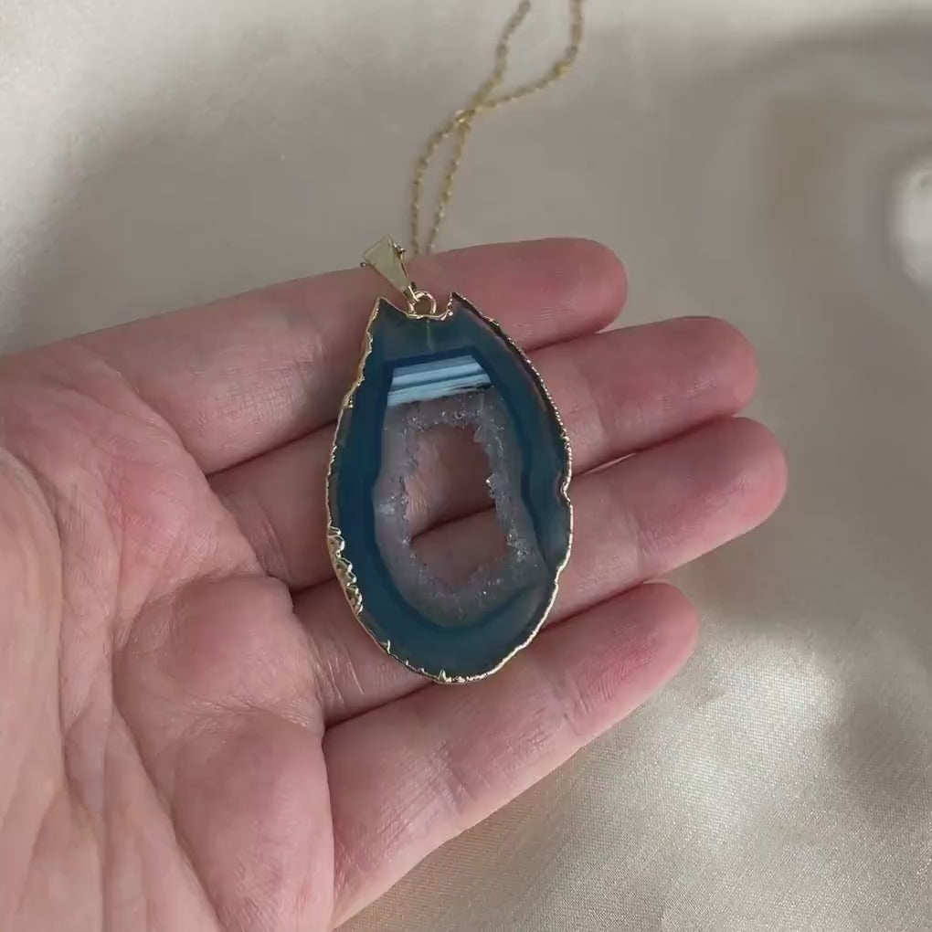 Unique Statement Necklace, Teal Blue Agate Pendant, Sliced Geode, Druzy Necklaces, 14K Gold Filled Chain, Gift For Her, G14-312