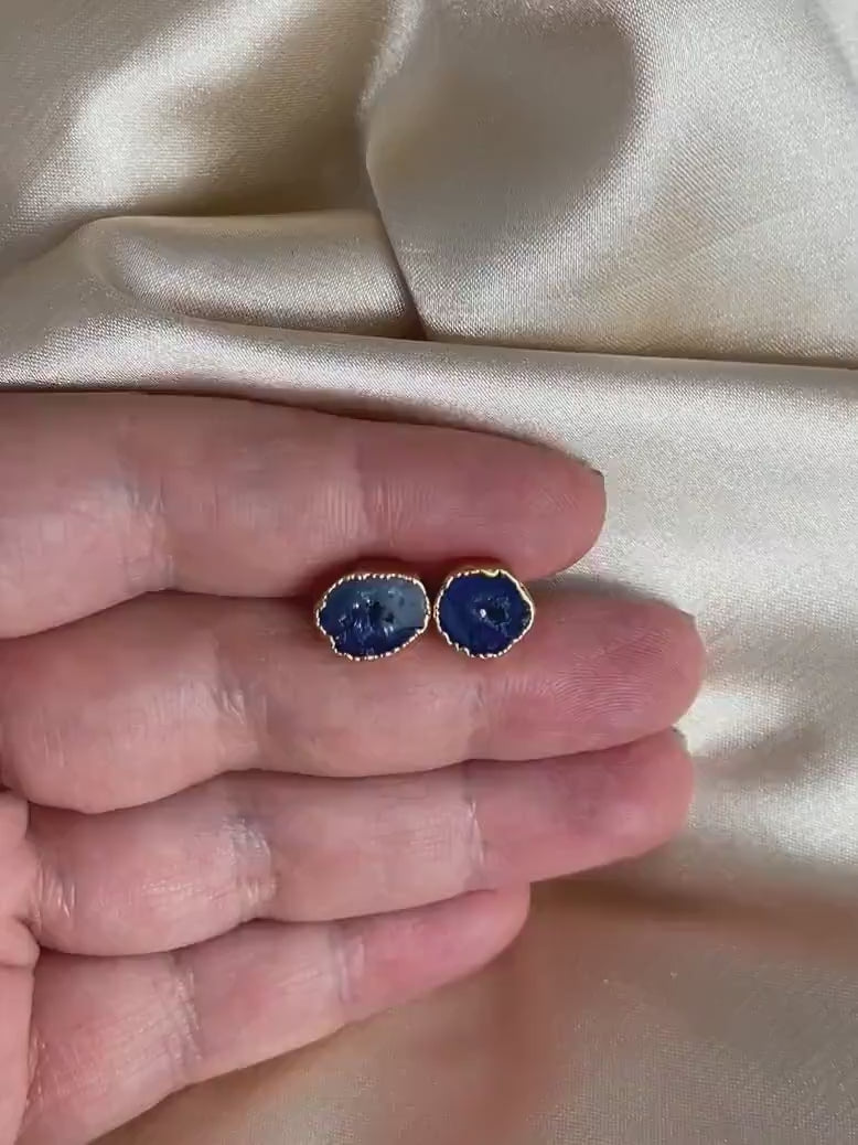 Blue Geode Earrings Stud, Gold Dipped Agate Studs, Mothers Day Gift For Her, G15-93