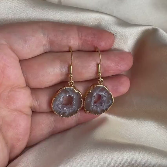 Small Geode Slice Earrings Gold, Gemstone Jewelry Gift Women, G15-14