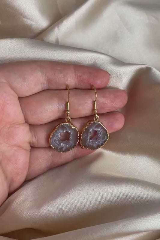Small Geode Slice Earrings Gold, Gemstone Jewelry Gift Women, G15-14