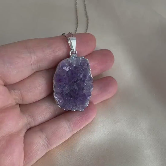 Purple Amethyst Druzy Crystal Necklace with Sterling Silver Chain, Boho Christmas Gifts For Her, R14-44