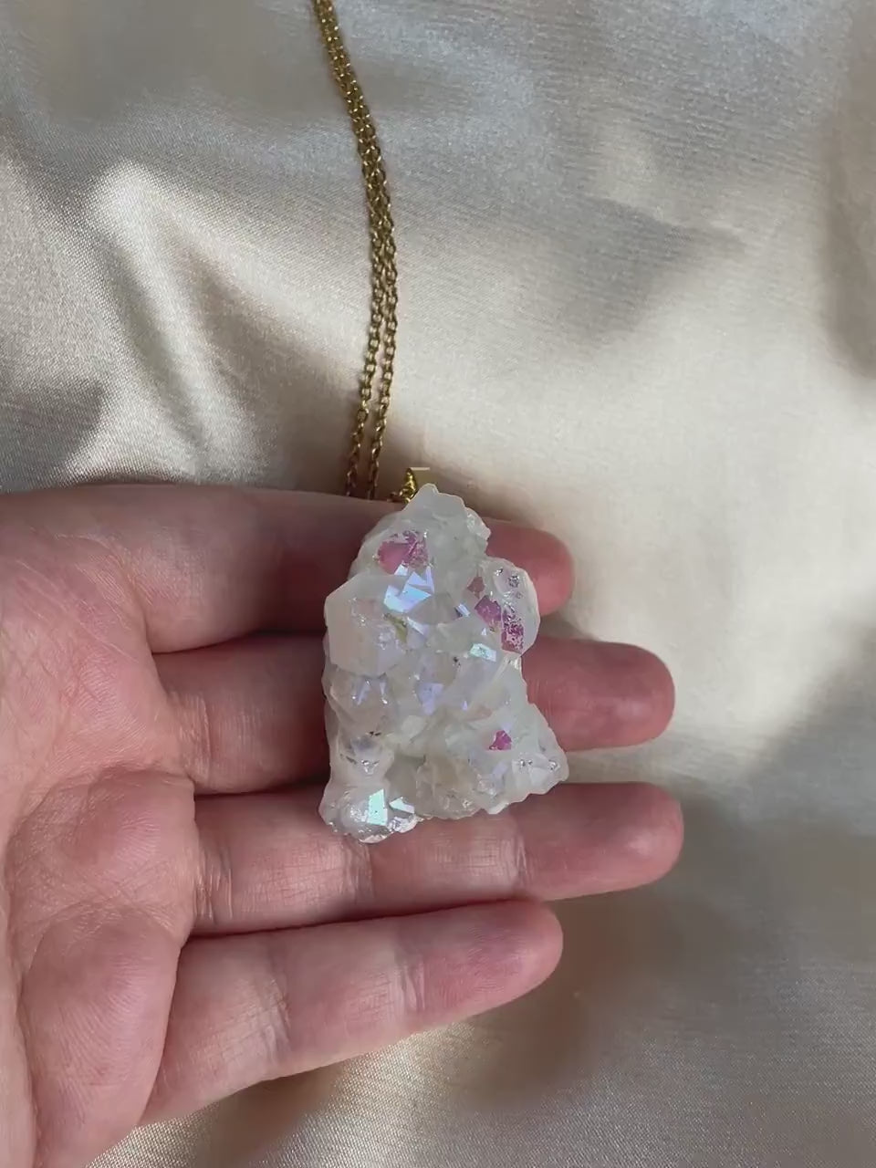 Angel Aura Cluster Necklace, Extra Large Iridescent White Druzy Pendant Necklace Gold, Gift For Mom, M7-46