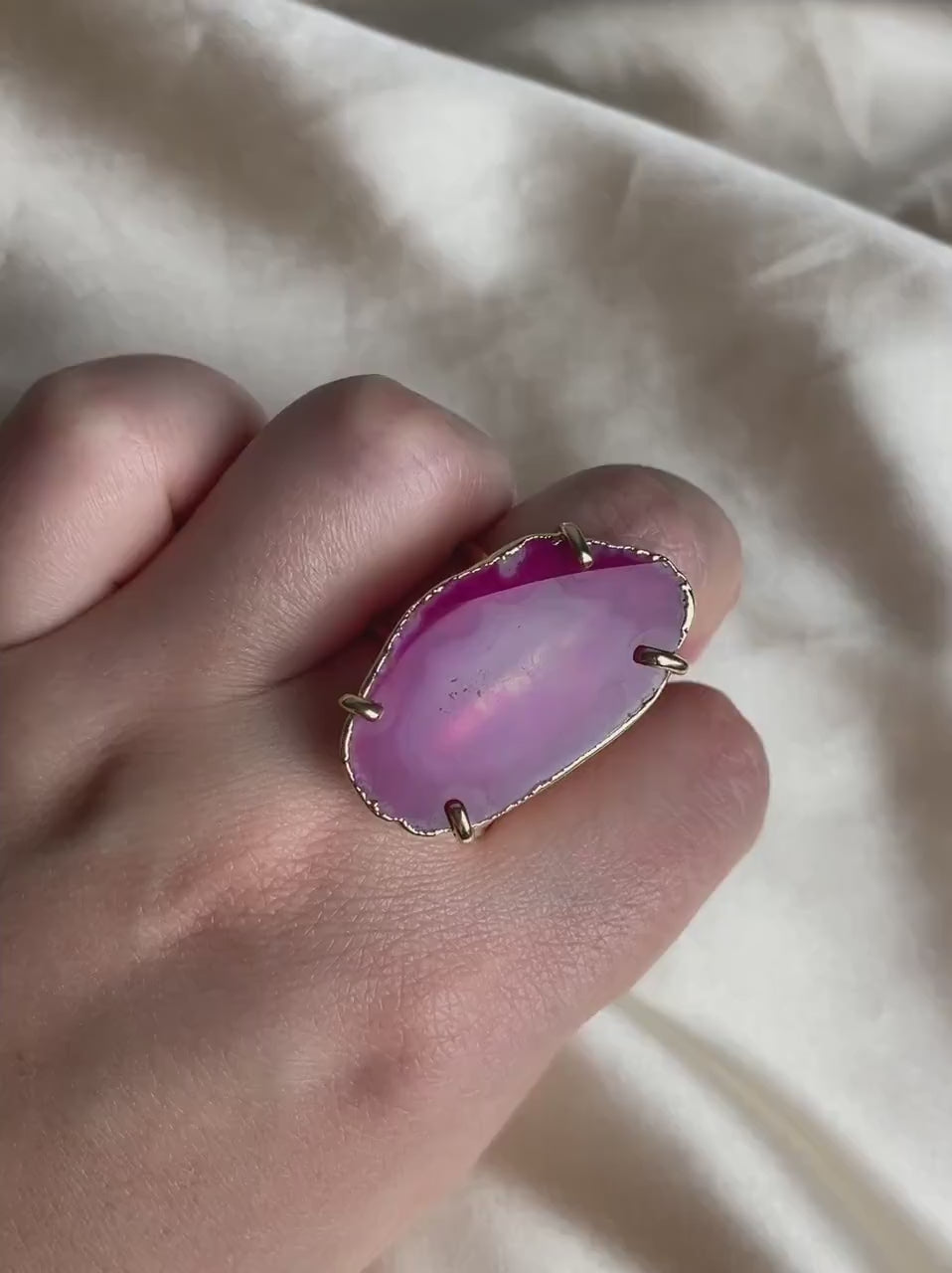 Pink Agate Statement Ring Gold Plated Adjustable, Geode Slice Ring, Gifts For Her, G15-82