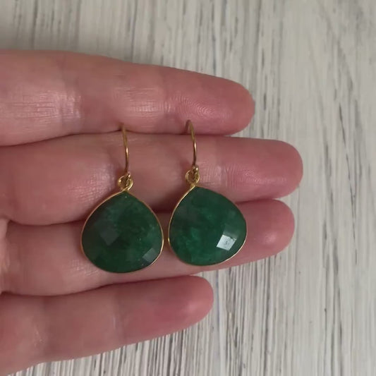 Green Emerald Earrings, Gold Emerald Dangle Earring, May Birthstone, Green Stone Teardrop, Mothers Gift, M5-339