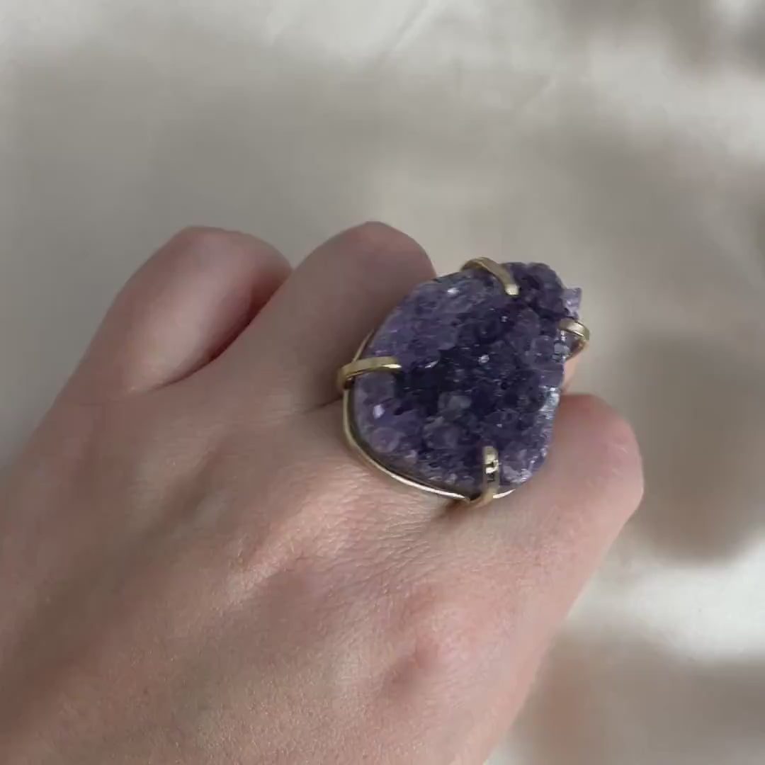Large Amethyst Statement Ring, Raw Amethyst Druzy Ring Adjustable, Purple Crystal Ring, Birthday Gift Women, G14-740