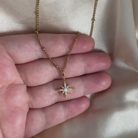 Opal Starburst Charm on Satellite Chain 18K Gold Plated - CZ Minimalist Gemstone Jewelry