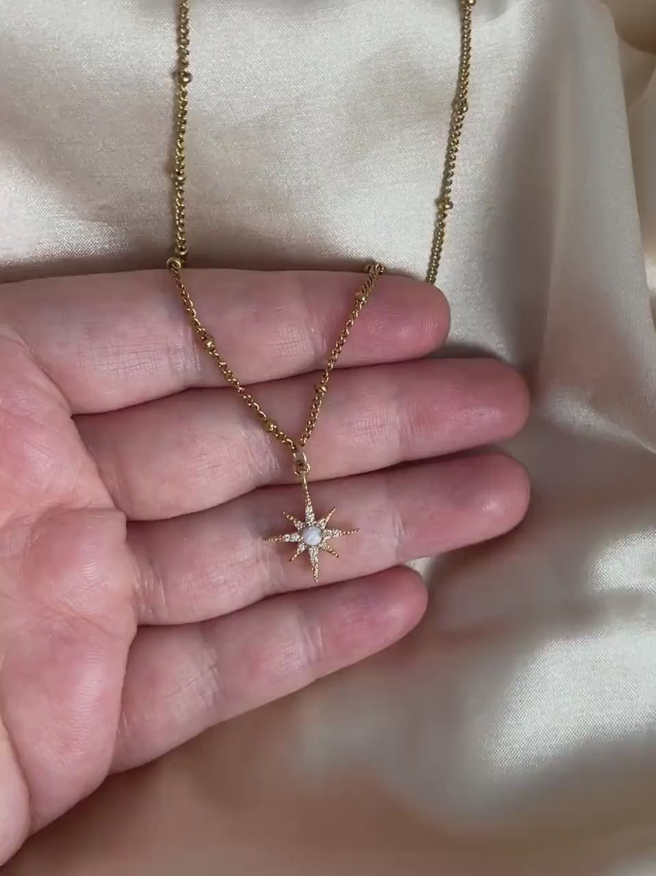 Opal Starburst Charm on Satellite Chain 18K Gold Plated - CZ Minimalist Gemstone Jewelry