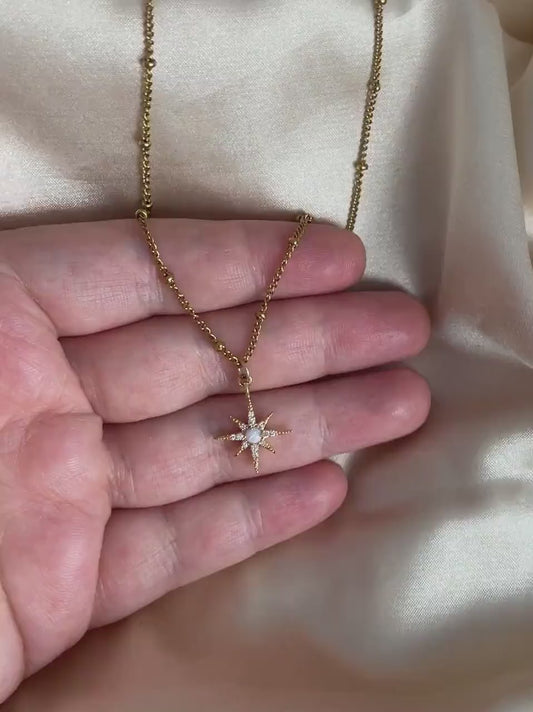 Opal Starburst Charm on Satellite Chain 18K Gold Plated - CZ Minimalist Gemstone Jewelry