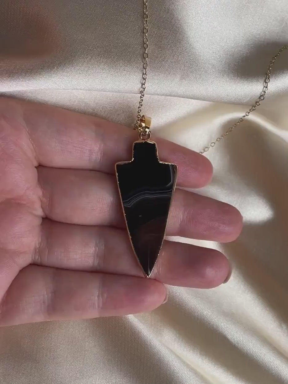 Black Agate Arrowhead Necklace Gold, Crystal Slice Pendant For Women, Gifts For Mom, M7-71