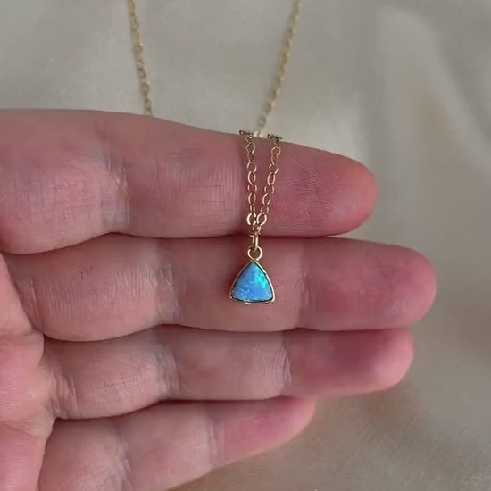 Tiny Opal Necklace Gold, Triangle Opal Necklace, Blue Opal Charm For Layering, 14K Gold Fill Chain, October Birthday Gift, M6-616