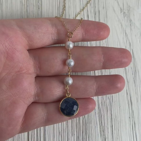Round Blue Sapphire Necklace, Freshwater Pearl Y Necklace Lariat, Genuine Raw Sapphire, September Birthstone, Mothers Gift, M5-405