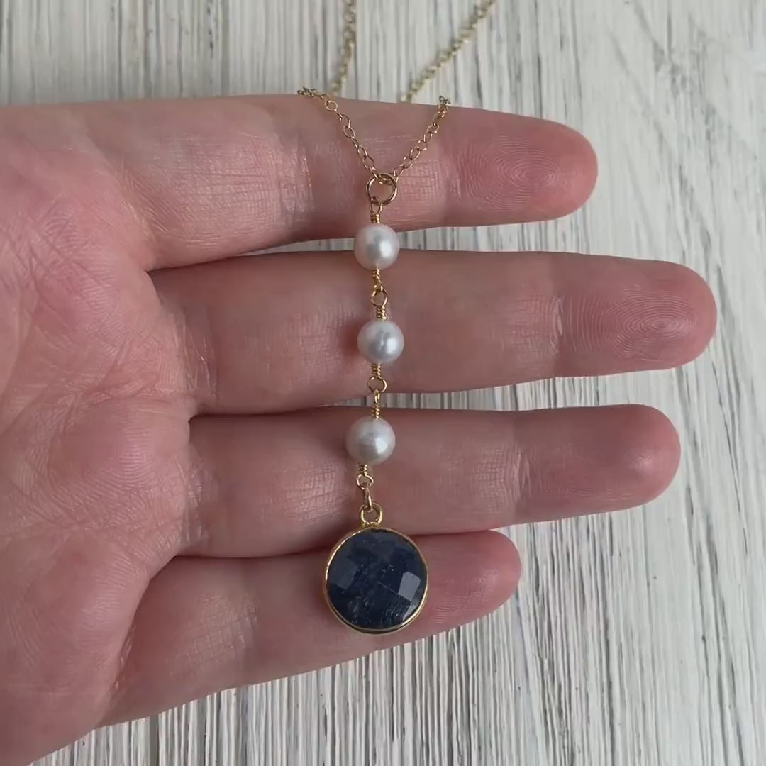 Round Blue Sapphire Necklace, Freshwater Pearl Y Necklace Lariat, Genuine Raw Sapphire, September Birthstone, Mothers Gift, M5-405