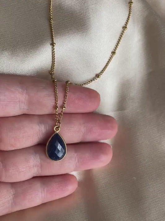 Blue Sapphire Necklace Satellite Chain 18K Gold Stainless Steel, September Birthstone, M7-72