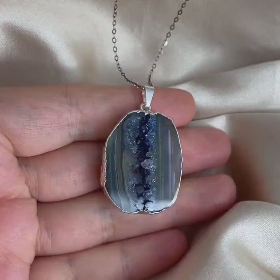 Blue Geode Necklace Silver, Druzy Necklace For Women, Gifts For Mom, G14-849