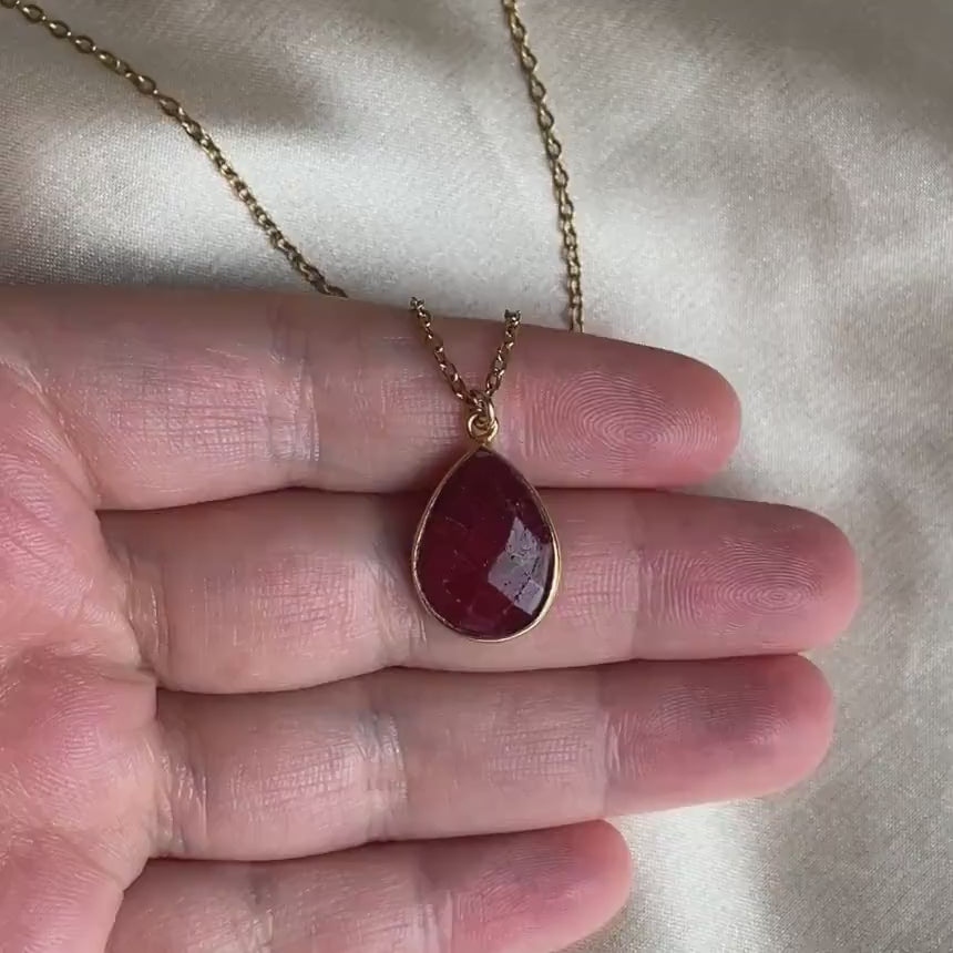 Valentines Day Gift, Raw Ruby Gemstone Necklace on 18K Gold Stainless Steel Chain, M6-721
