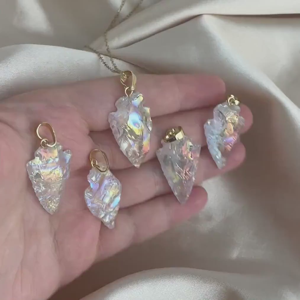 Angel Aura Quartz Necklace, Iridescent Arrowhead Pendant Necklace Gold, Gift For Her, G14-803