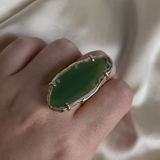 Unique Green Agate Ring Statement, Sliced Geode Ring, Boho Large Stone, Raw Crystal Ring Gold Adjustable, G15-163