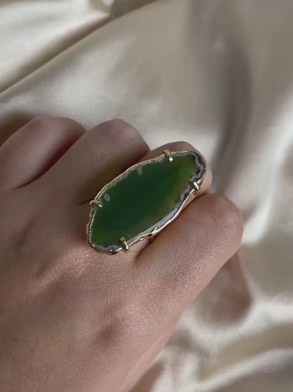 Unique Green Agate Ring Statement, Sliced Geode Ring, Boho Large Stone, Raw Crystal Ring Gold Adjustable, G15-163
