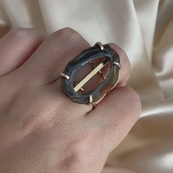 Brown Geode Slice Ring Gold Plated Adjustable Band, Druzy Gemstone, G15-100