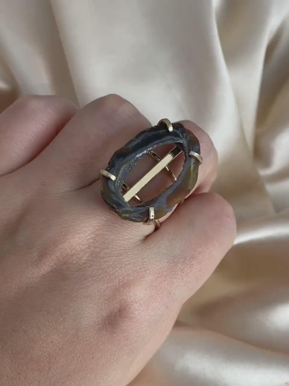 Brown Geode Slice Ring Gold Plated Adjustable Band, Druzy Gemstone, G15-100