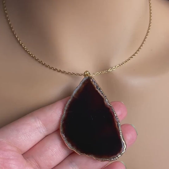 Unique Black Agate Slice Necklace Gold, Long Pendant Necklaces Women's, Gifts For Mom, G15-92