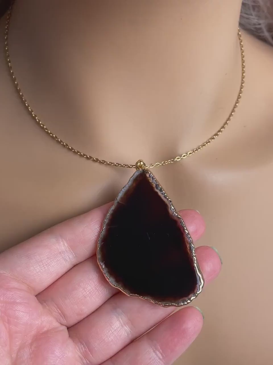 Unique Black Agate Slice Necklace Gold, Long Pendant Necklaces Women's, Gifts For Mom, G15-92
